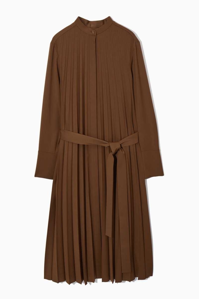 Brown Women's COS Pleated Wool-Blend Dress | 057842EIC