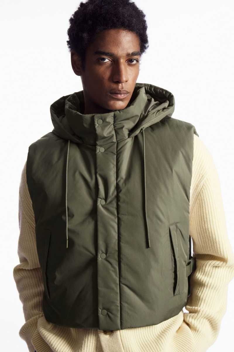 Dark Green Men's COS Buckled-Side Padded Hooded Vest | 216795LSU