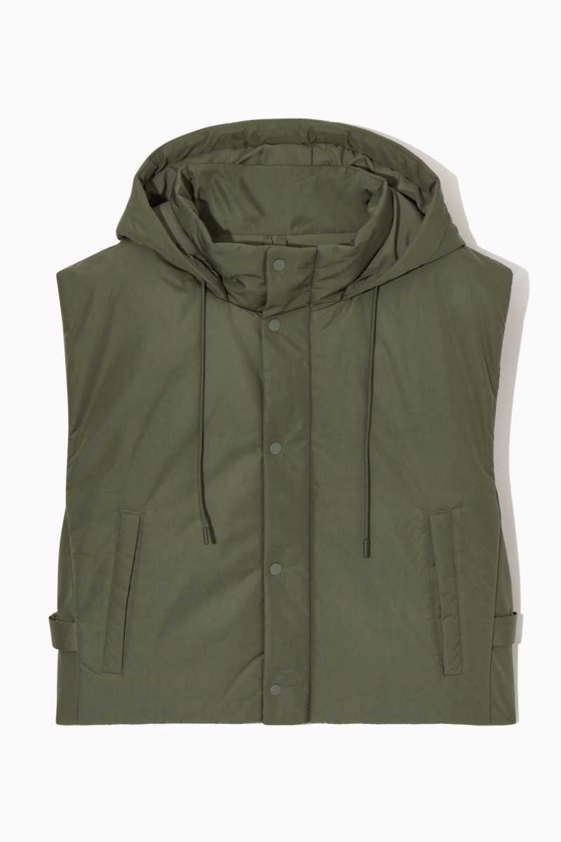 Dark Green Men's COS Buckled-Side Padded Hooded Vest | 216795LSU