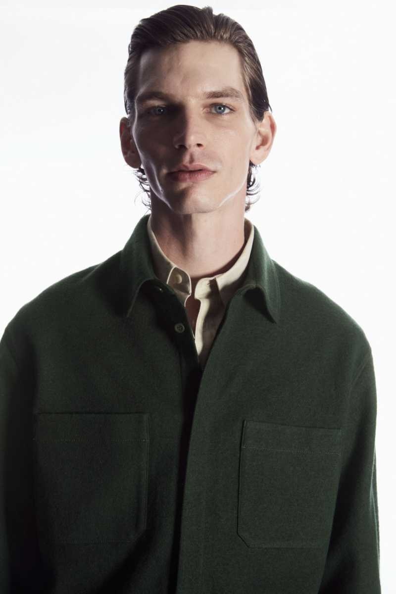 Dark Green Men's COS Wool-Jersey Overshirt Shirts | 235491RQH