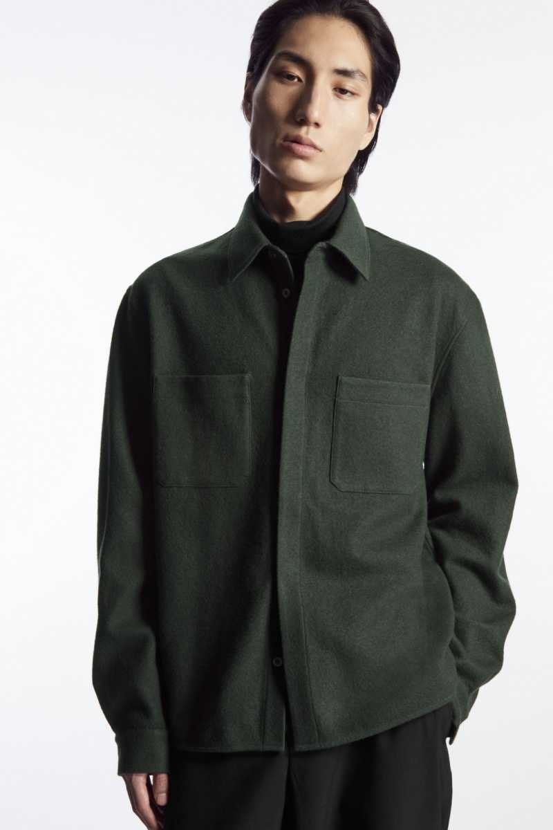 Dark Green Men\'s COS Wool-Jersey Overshirt Shirts | 235491RQH