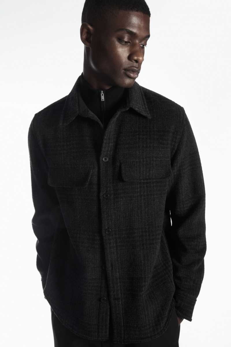 Dark Grey Men's COS Checked Recycled Wool Overshirt Shirts | 739402XSO