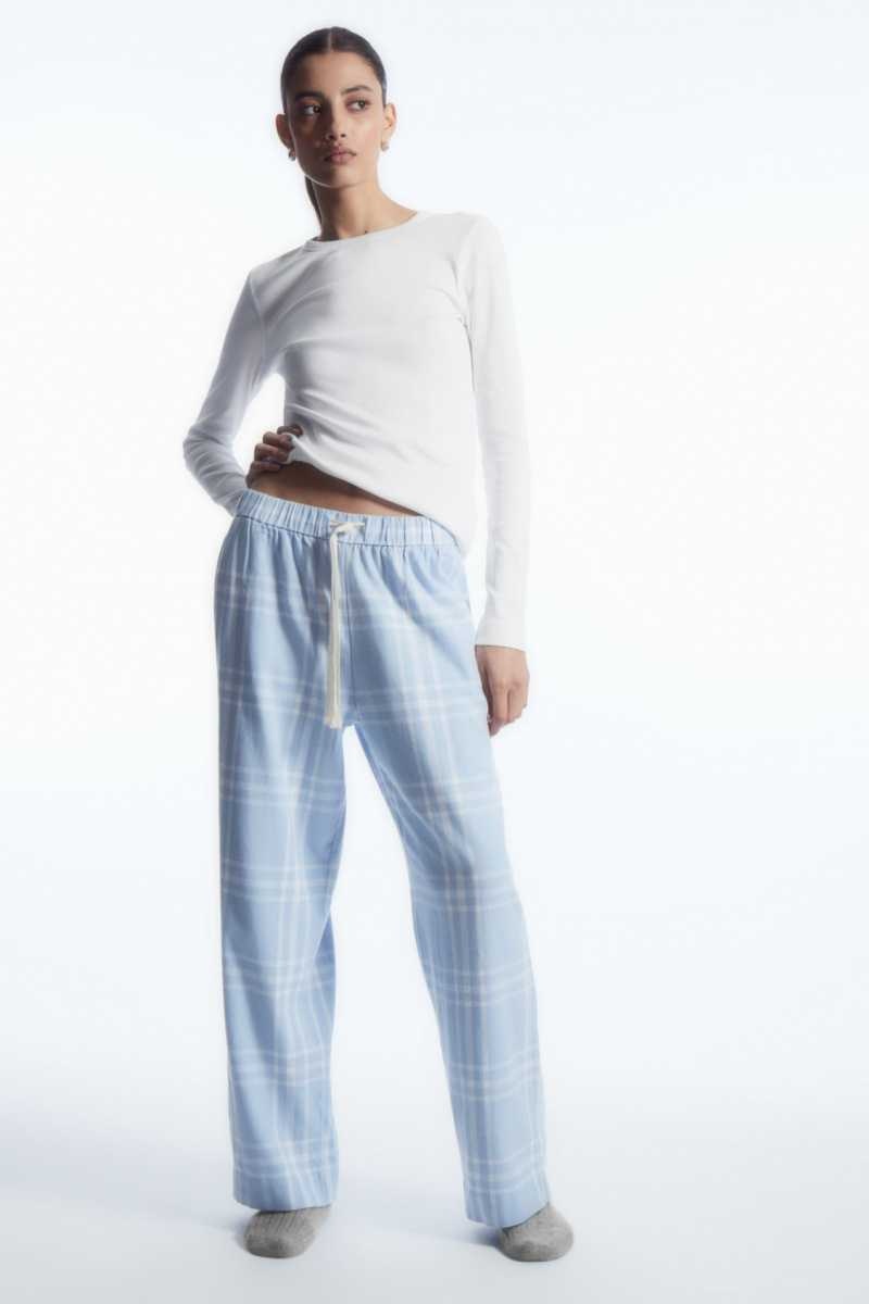 Light Blue / White Women's COS Checked Flannel Pajama Set Pajamas | 698107DUX