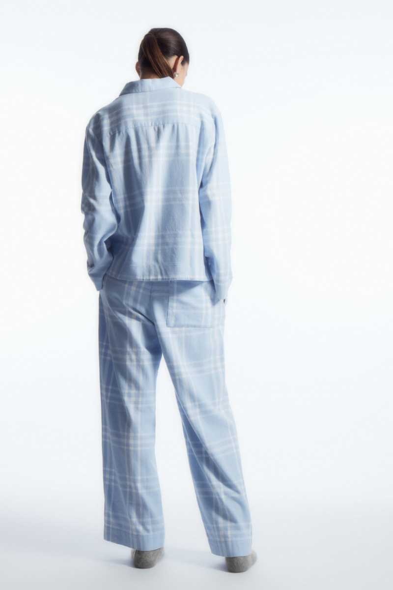 Light Blue / White Women's COS Checked Flannel Pajama Set Pajamas | 698107DUX