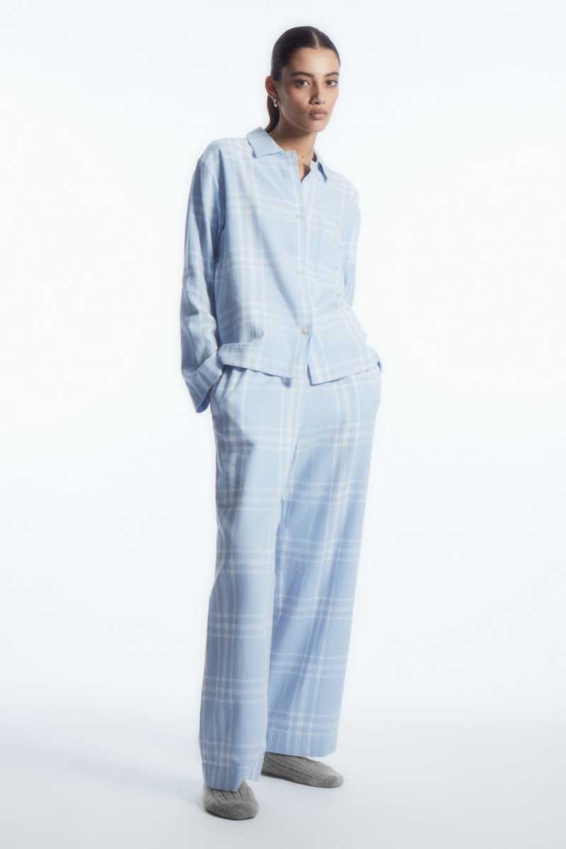 Light Blue / White Women\'s COS Checked Flannel Pajama Set Pajamas | 698107DUX