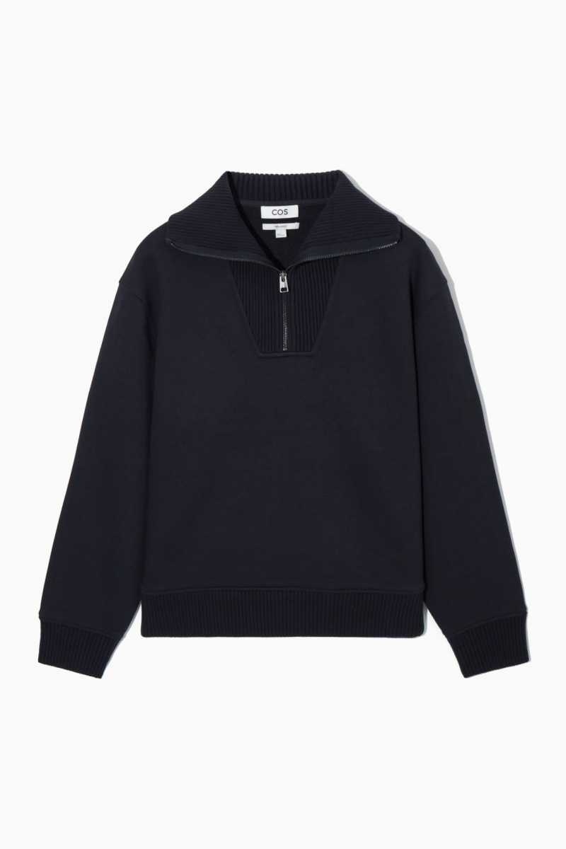 Navy Men's COS Funnel-Neck Half-Zip Sweatshirts | 760358IDZ