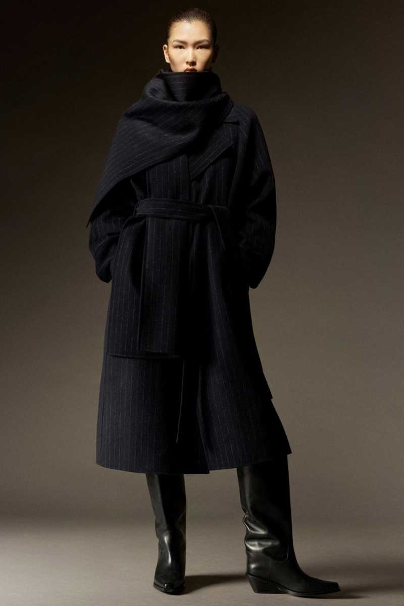 Navy Women's COS Oversized Pinstriped Wool Scarf Coats | 270591BIK