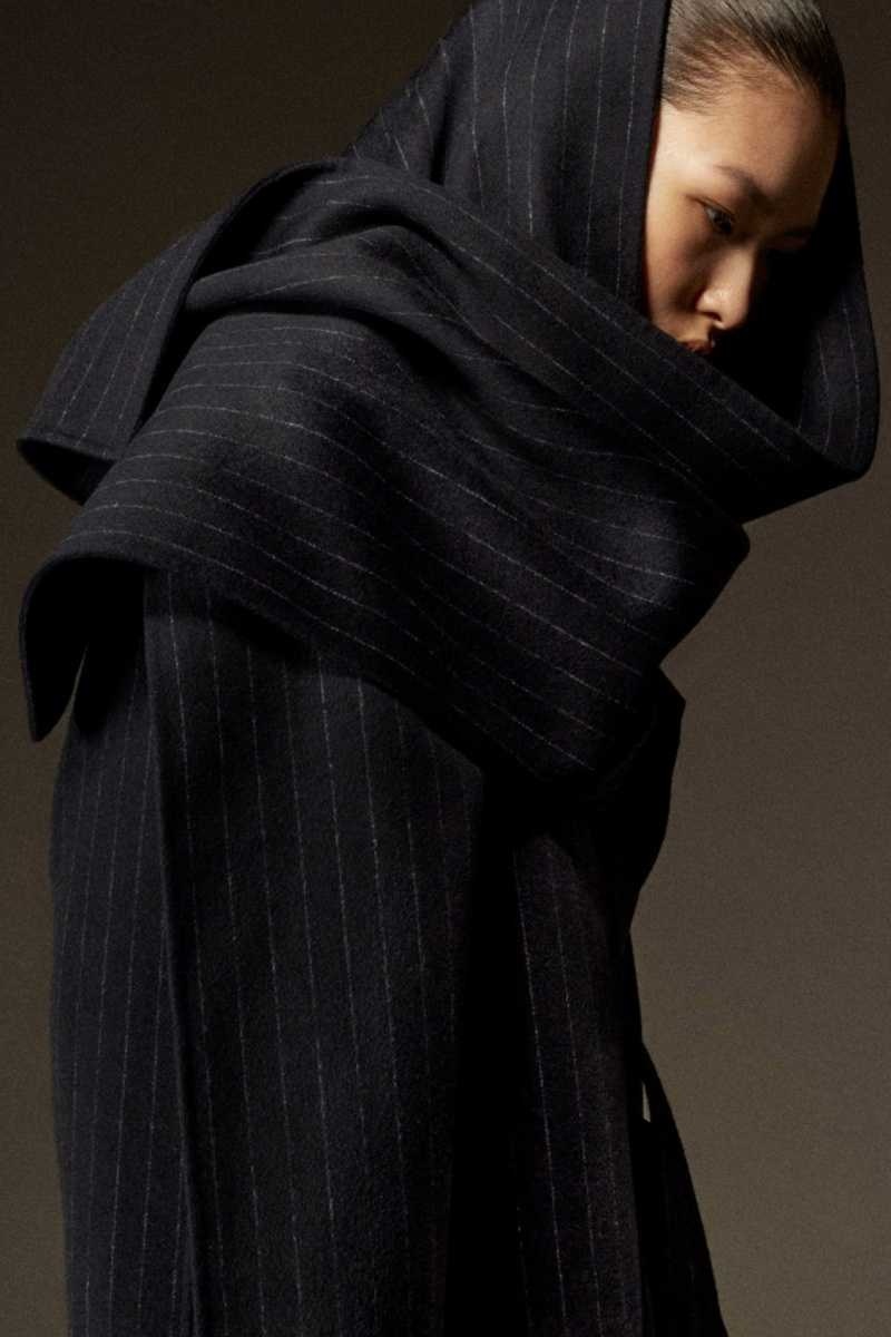 Navy Women's COS Oversized Pinstriped Wool Scarf Coats | 270591BIK