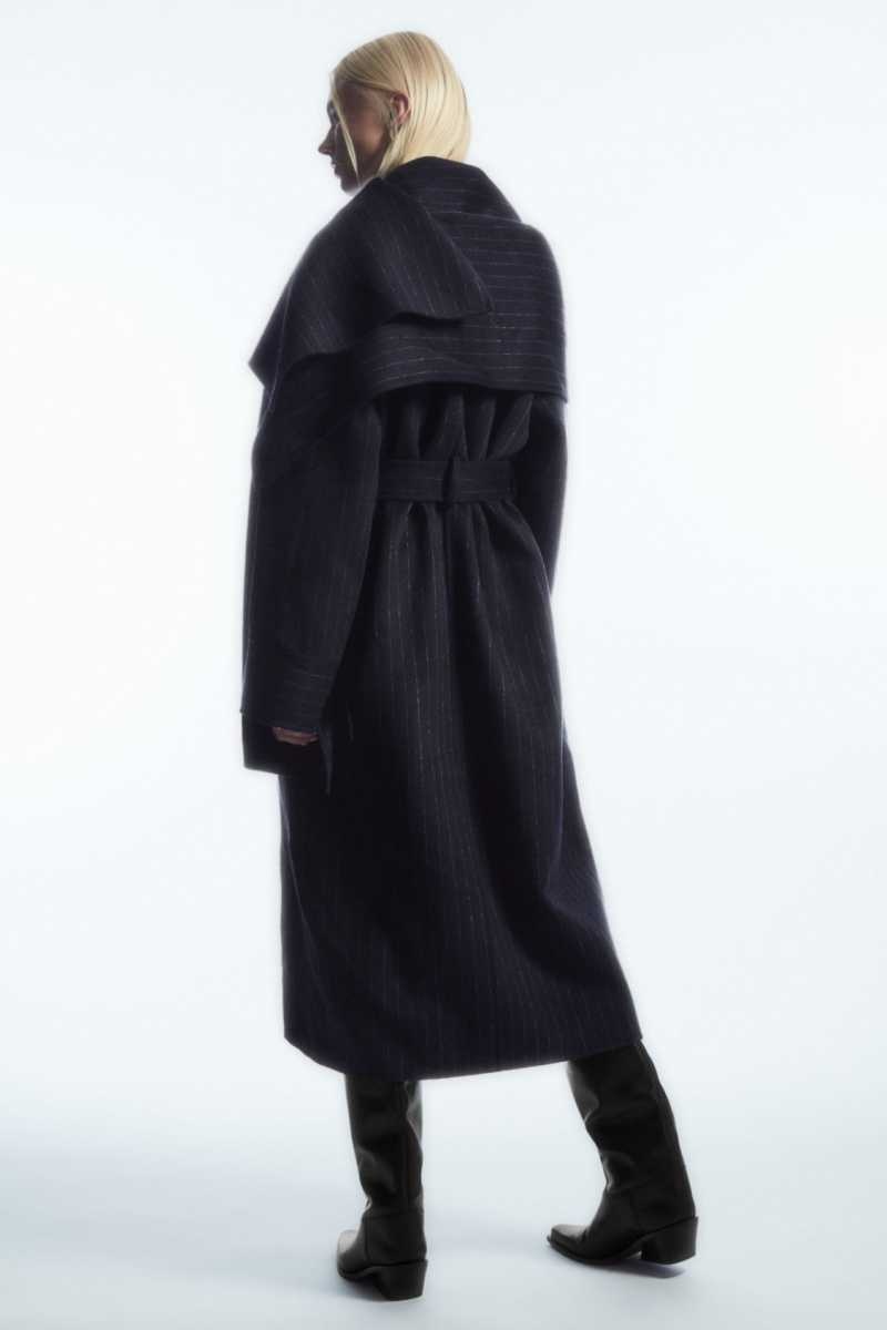 Navy Women's COS Oversized Pinstriped Wool Scarf Coats | 270591BIK