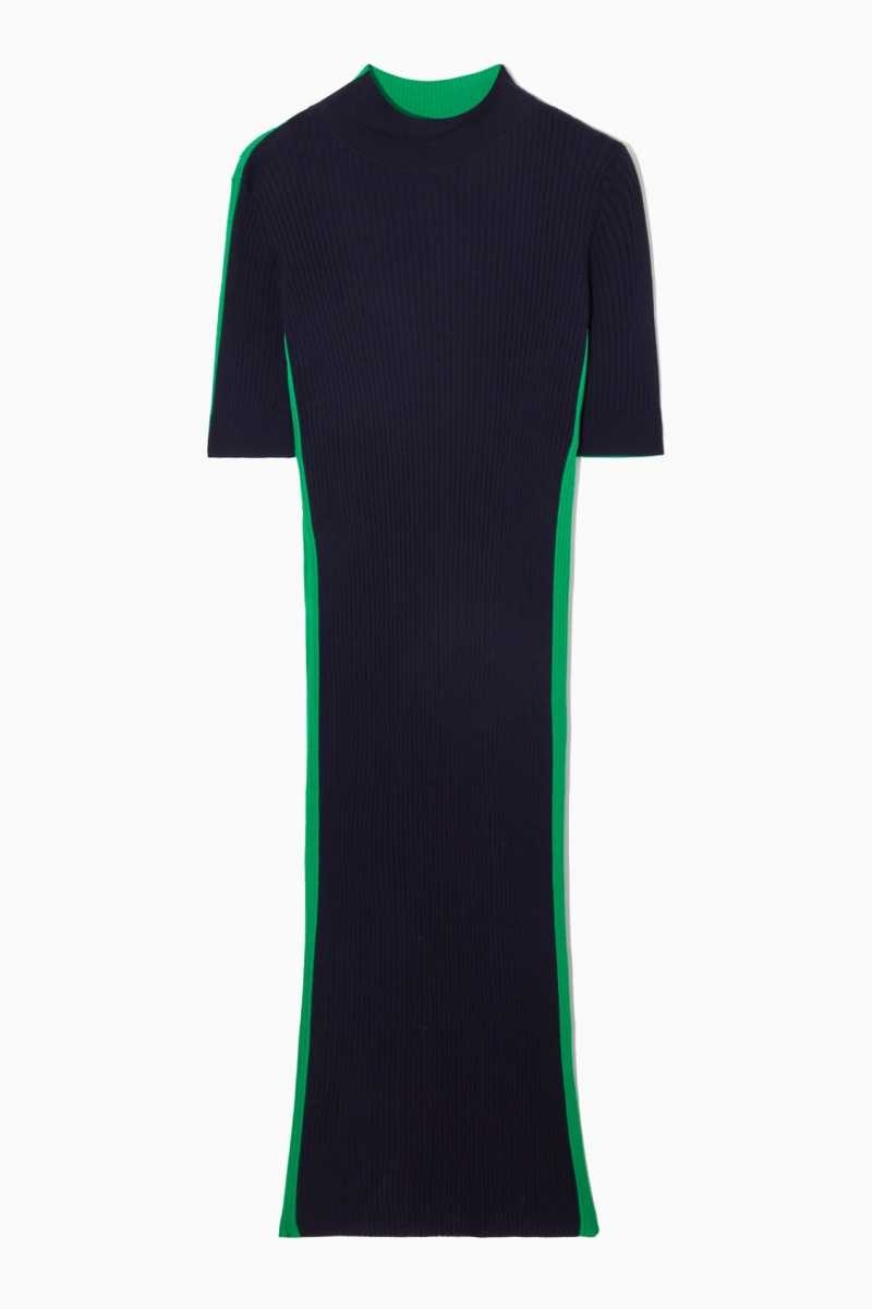 Navy / Light Green Women's COS High-Neck Ribbed Silk Dress | 579234KRL