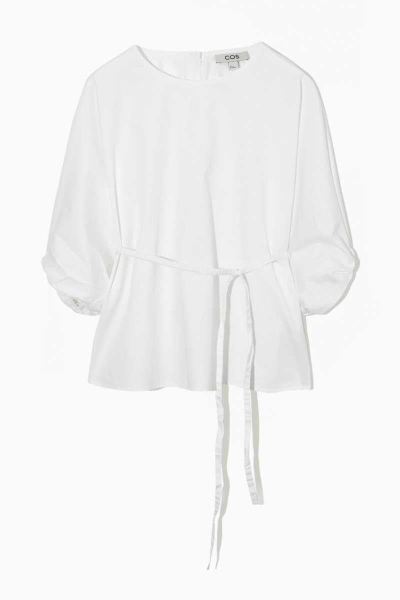 White Women's COS Belted Puff-Sleeve Blouse | 923178UVG